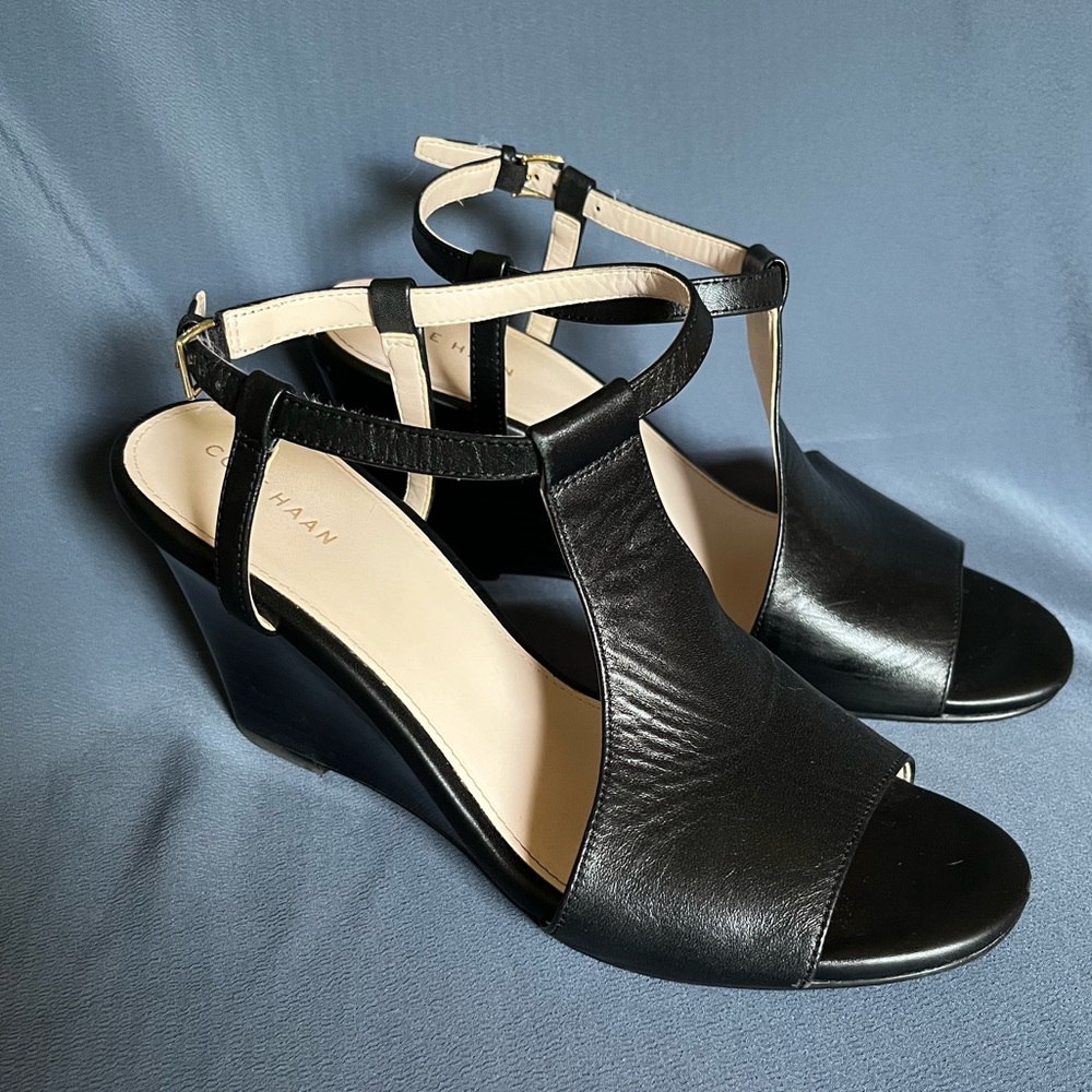 Cole Haan Black Leather T-Strap Wedge Sandals